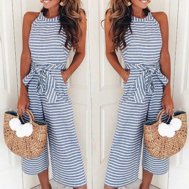 Women's Striped Waist Belt Wide Leg Jumpsuit