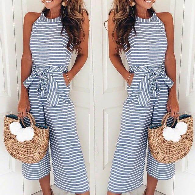 Women's Striped Waist Belt Wide Leg Jumpsuit