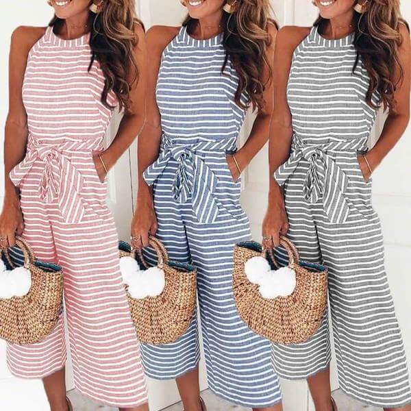 Women's Striped Waist Belt Wide Leg Jumpsuit