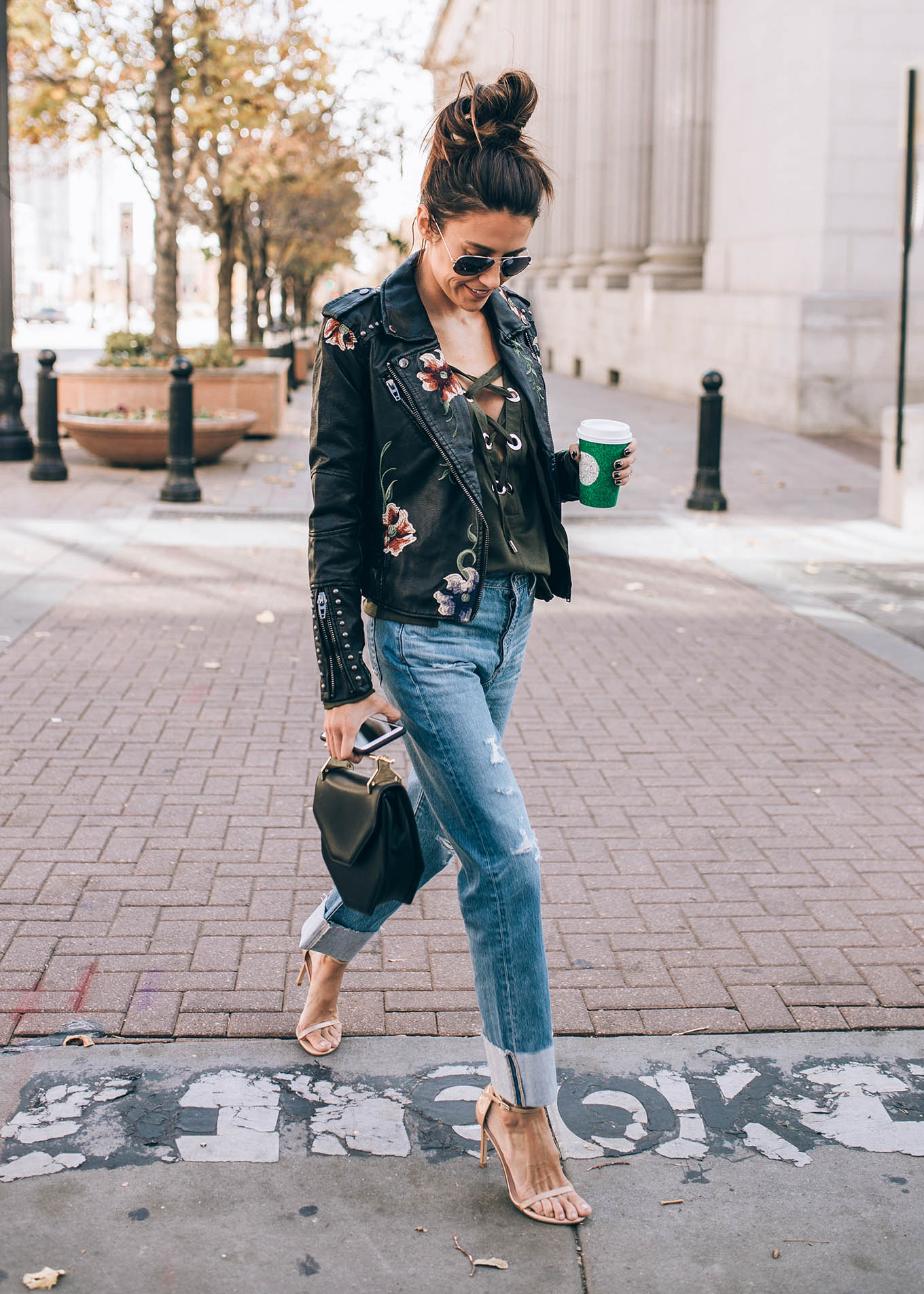 Embroidered leather jacket with floral print