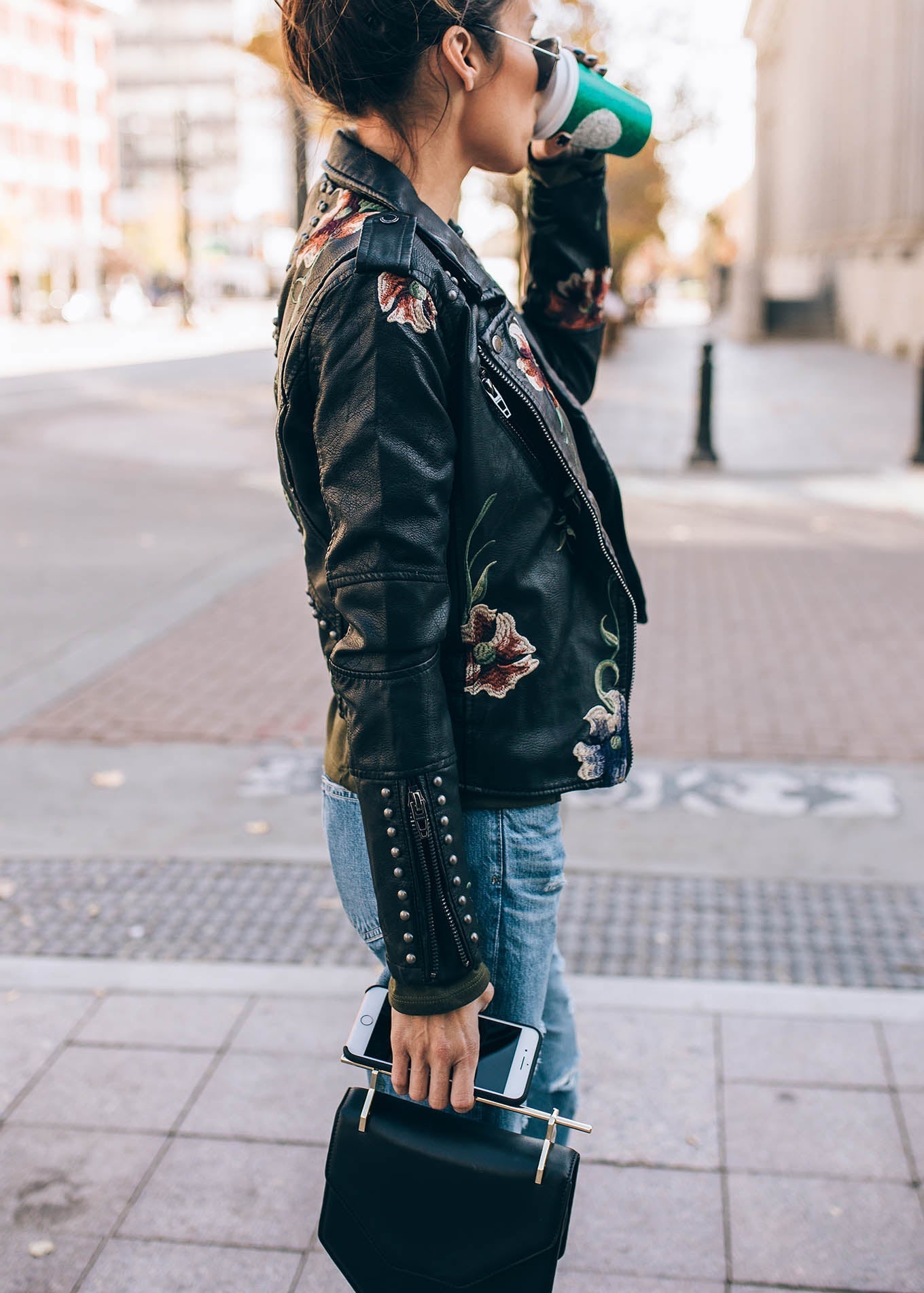 Embroidered leather jacket with floral print