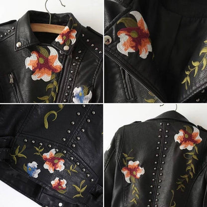 Embroidered leather jacket with floral print