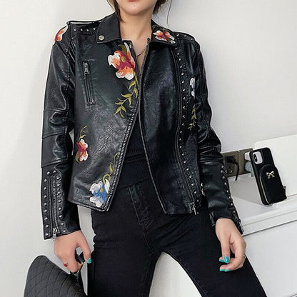 Embroidered leather jacket with floral print