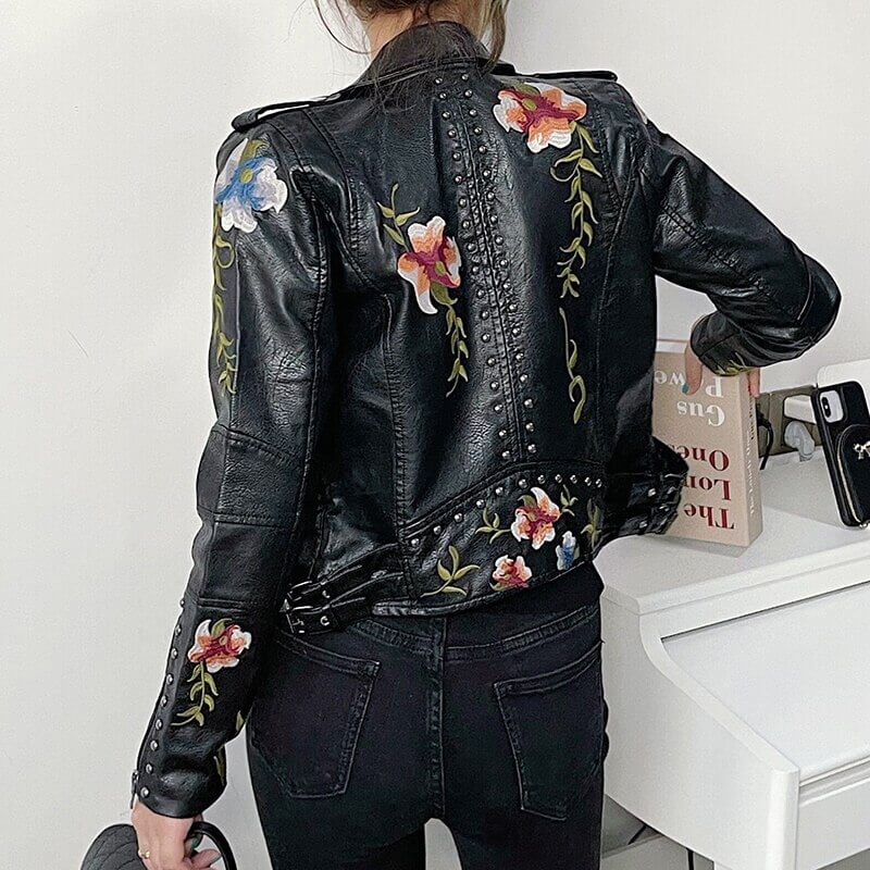 Embroidered leather jacket with floral print