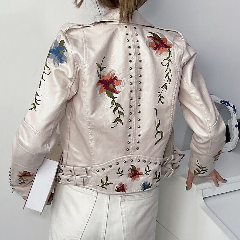 Embroidered leather jacket with floral print