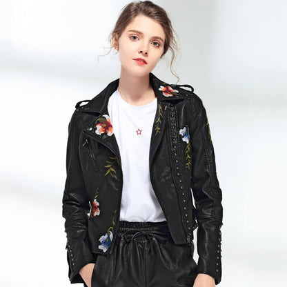 Embroidered leather jacket with floral print