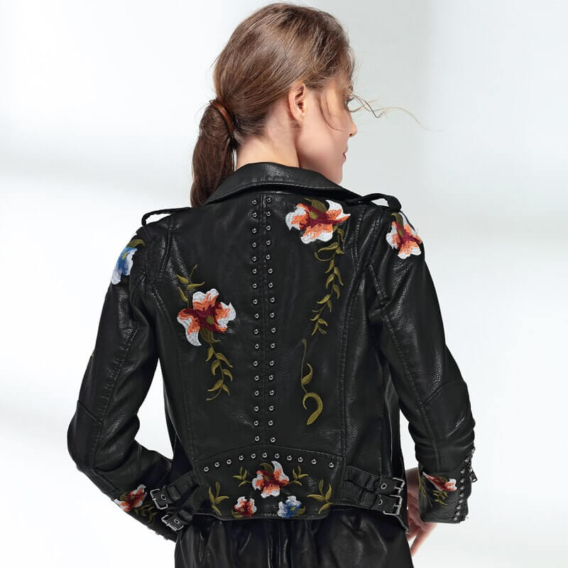 Embroidered leather jacket with floral print