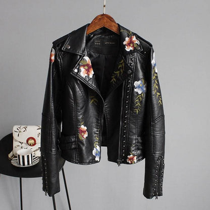 Embroidered leather jacket with floral print