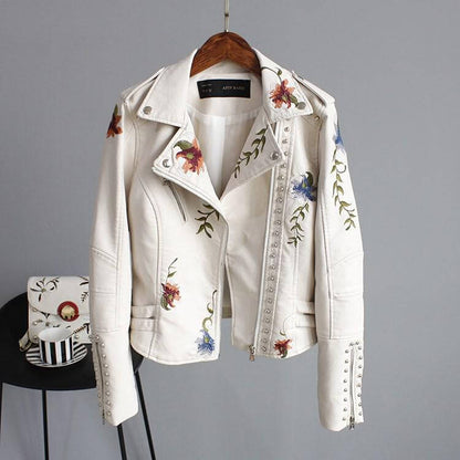 Embroidered leather jacket with floral print