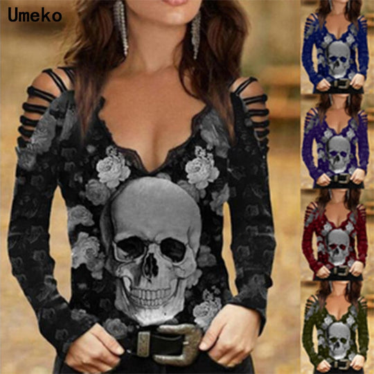 Sexy skull printed lace floral top