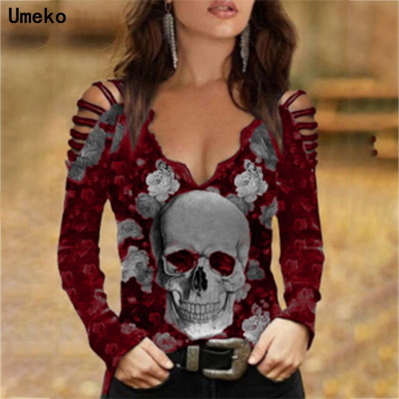 Sexy skull printed lace floral top