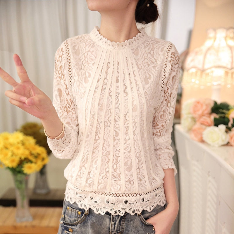 Long Sleeve Chiffon Lace Crochet Tops