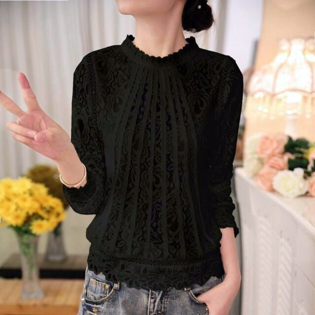 Long Sleeve Chiffon Lace Crochet Tops