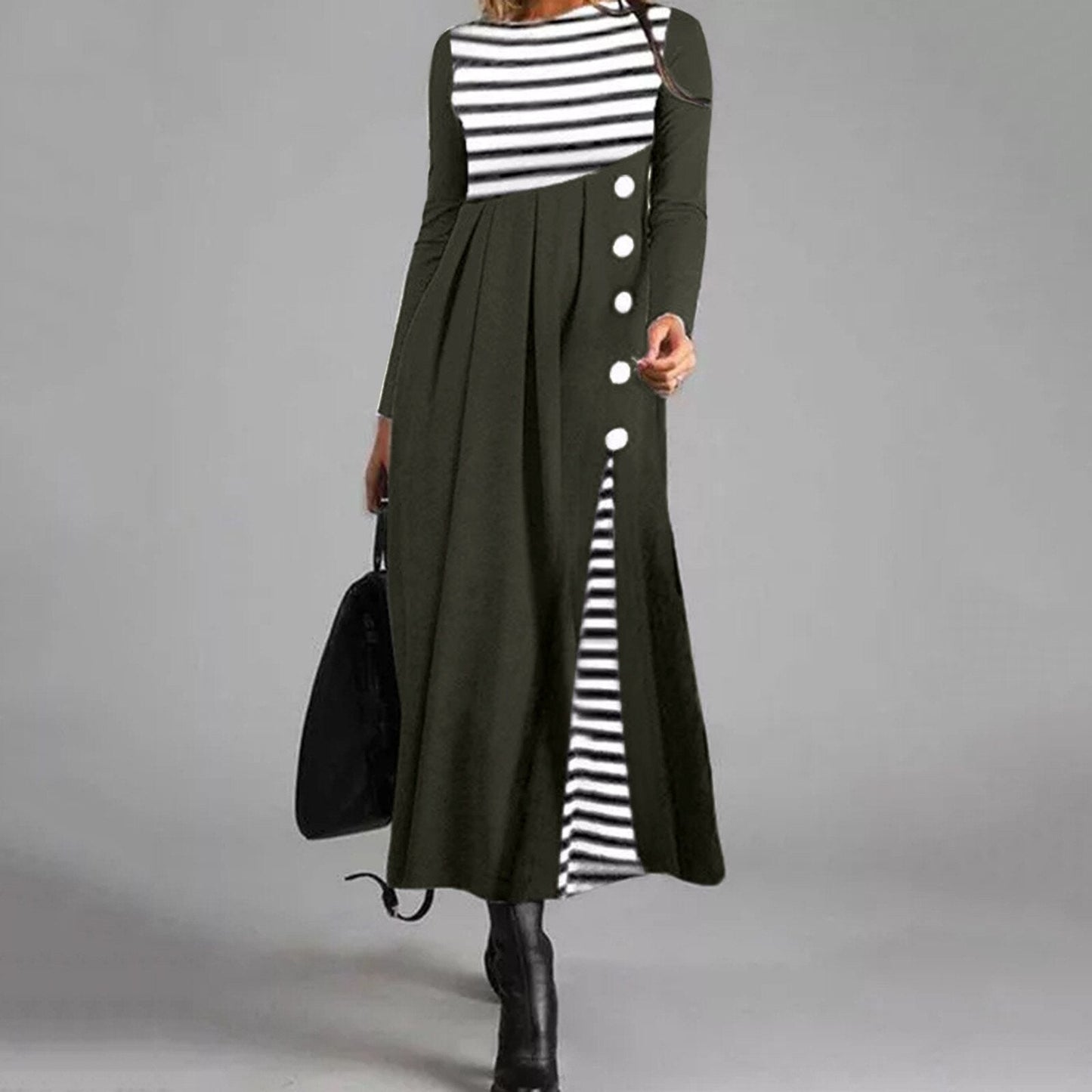 Women Stripe Long Sleeve Patchwork Dress