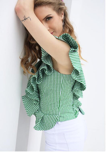 Striped one-shoulder blouse with flounce