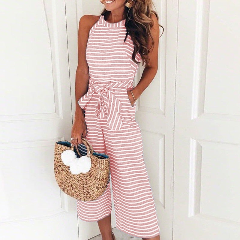 Women's Striped Waist Belt Wide Leg Jumpsuit 