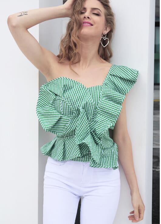 Striped one-shoulder blouse with flounce