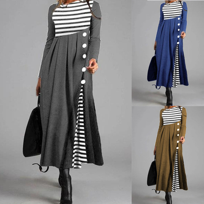 Women Stripe Long Sleeve Patchwork Dress