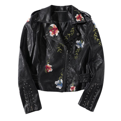 Embroidered leather jacket with floral print