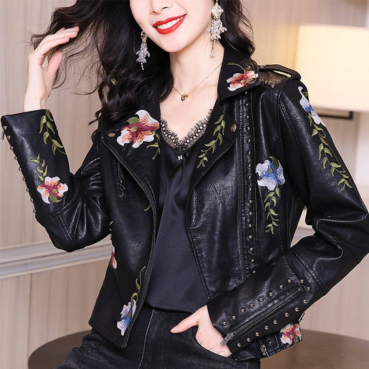 Embroidered leather jacket with floral print