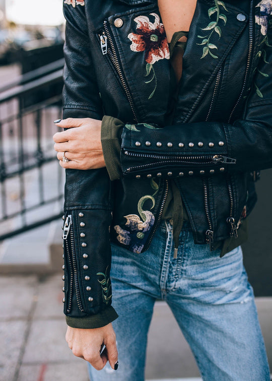 Embroidered leather jacket with floral print